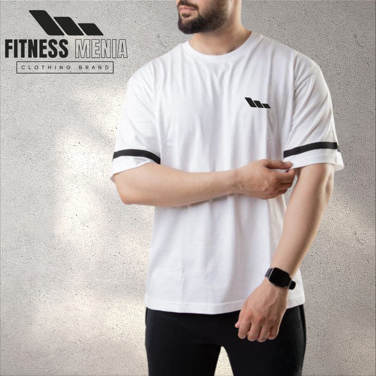 White Oversize T-Shirt with Black Stripe on Sleeves