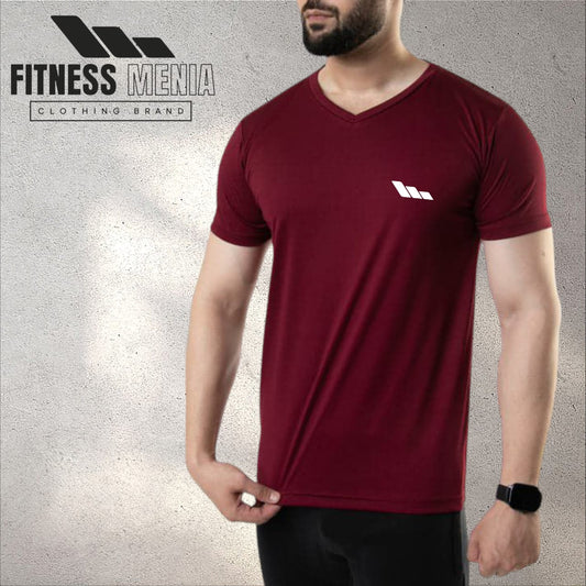 Plain Maroon V-Neck Quick Dry T-Shirt