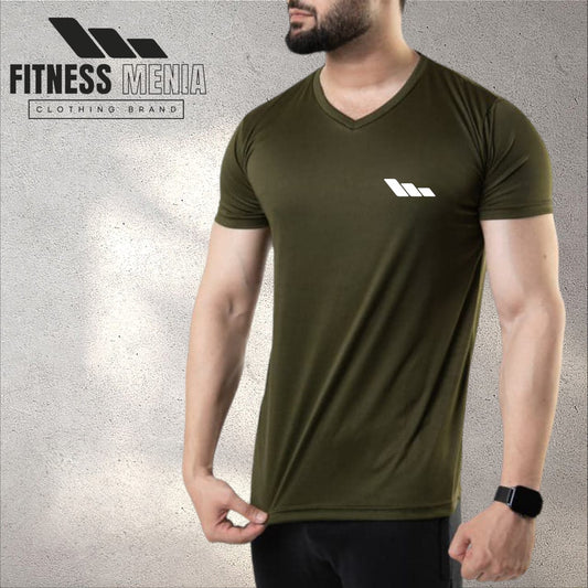 Plain Olive V-Neck Quick Dry T-Shirt