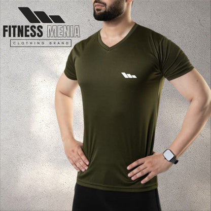 Plain Olive V-Neck Quick Dry T-Shirt